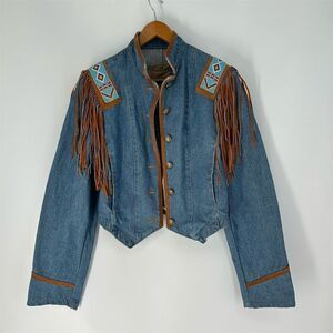 Vintage Frontier Collection Western Beaded Fringe Denim Biker Jacket, size M